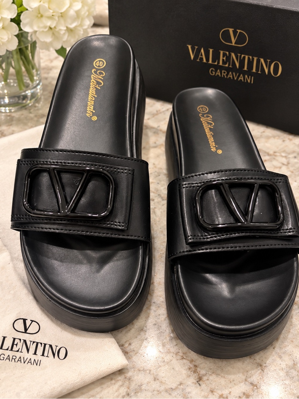 Black Leather Platform Slide Mules